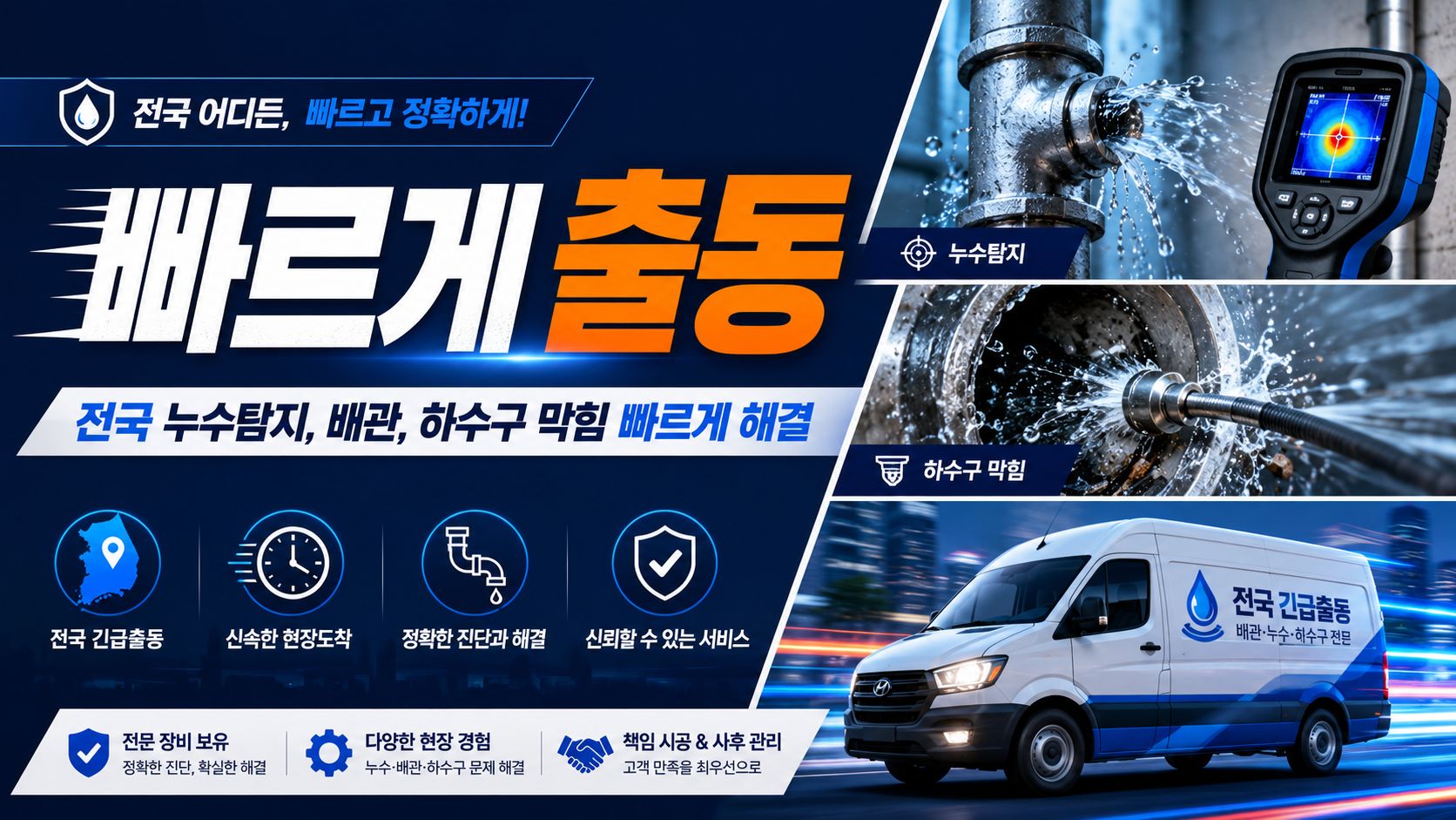 스피드 배관공사 — 전국 누수탐지·배관·하수구막힘 24시간 긴급출동